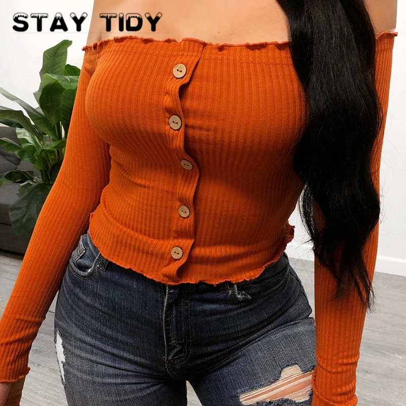 

STAY TIDY Knitted Button Strapless Crop Tops 2019 Autumn Winter Women Long Sleeve Slash Neck Slim T Shirts Party Streetwear Tees