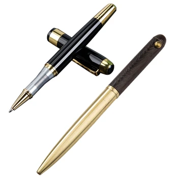 

1Pcs Metal Ballpoint Pen Business Office Medium Nib Ball Pens & 1Pcs Vintage Sign Pen Gel Black Ink Pure Copper