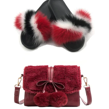 

Ladies Summer Fur Slides Sweet Bow Bag Fluffy Fur Slippers Shoulder Bag Luxury Slides Elegant Crossbody Bag Fashion Shoe Bag Set