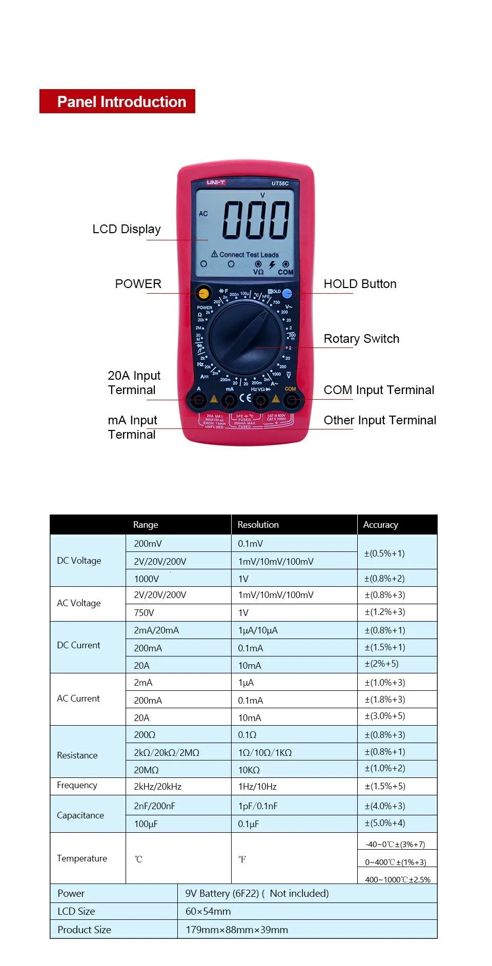 UNI-T UT58C цифровой мультиметр для удержания данных ручной диапазон AC DC Вольтметр Амперметр Омметр Емкость Частота Температура Тестер
