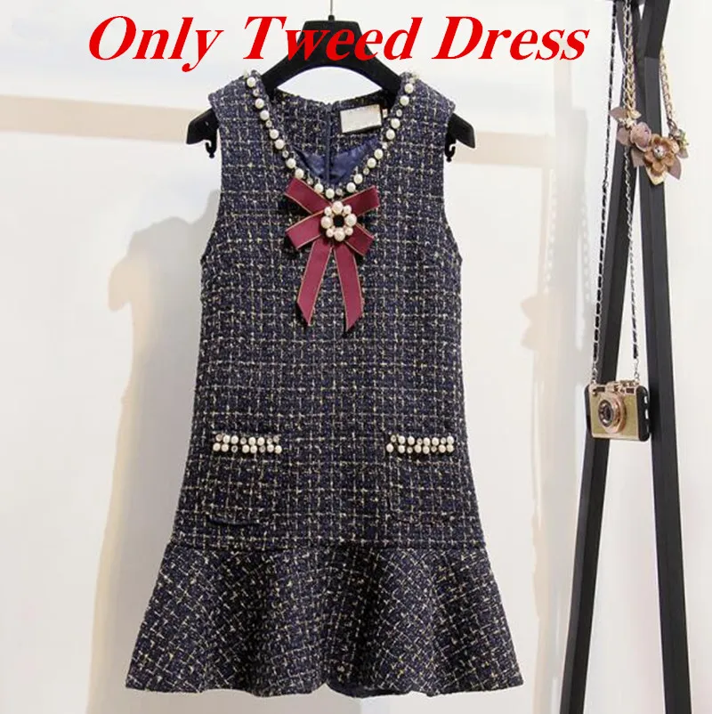 Only Tweed Dress Осень Зима без рукавов твидовое платье+ свитер женский комплект 2 шт. карман лента из бисера парфюм на подвеске шерстяной жилет русалки платье - Цвет: Only Tweed Dress