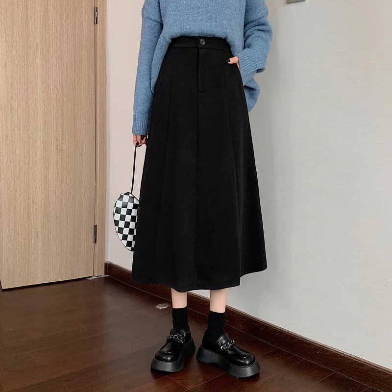 Women Skirt Large Size Coffee Wool Pear Shaped Figure A-shaped Umbrella Casual Half High Waist Thin Unif | Женская одежда