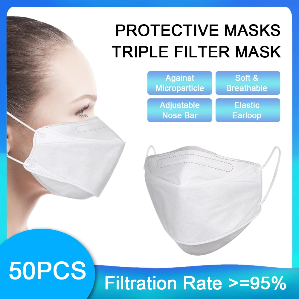 

50Pcs Mask Face Mask Respirator Ffp3 Non-woven Elastic Face Masks Soft Breathable Flu Hygiene Mouth Mask Filter as KN95 KF94
