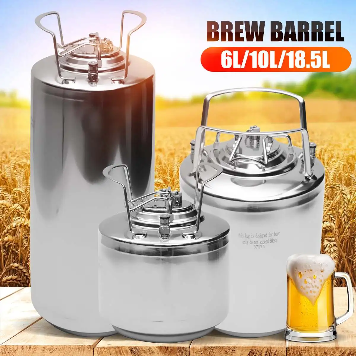 

Efficient 6/10/18.5L Stainless Steel Mini Beer Keg Pressurized Growler for Craft Beer Dispenser System Home Brew Beer Brewing