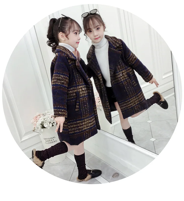 Пальто для девочек; Осень-зима г.; Корейская версия; серая клетчатая верхняя одежда в стиле ретро; шерстяное пальто для крупных детей; одежда