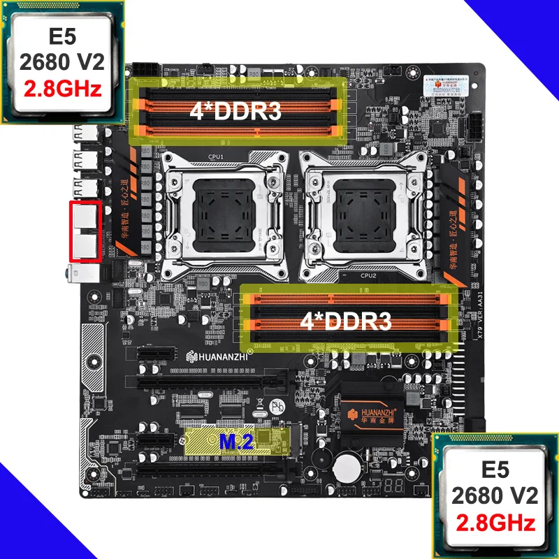 ^*Best Offers HUANANZHI dual X79-8D motherboard with M.2 slot discount brand motherboard bundle dual CPU Xeon E5 2680 V2 RAM 128G(8*16G) 1866