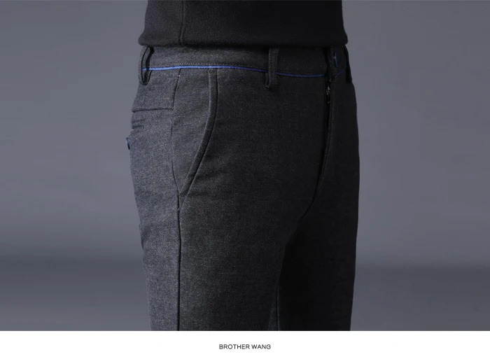 Зимние новые мужские тонкие толстые повседневные брюки Бизнес Мода Теплые обтягивающие брюки черный серый мужской бренд