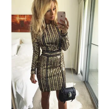 

2019 Women Chevron Stripes Bodycon Sequin Party Dress Long Sleeve Mini Dress Autumn Winter Sexy Dress Vestidos Clubwear