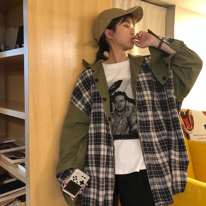 Harajuku стиль куртка оверсайз Женщины обе стороны могут носить хип хоп Уличная плед пальто пэчворк и куртки женщины