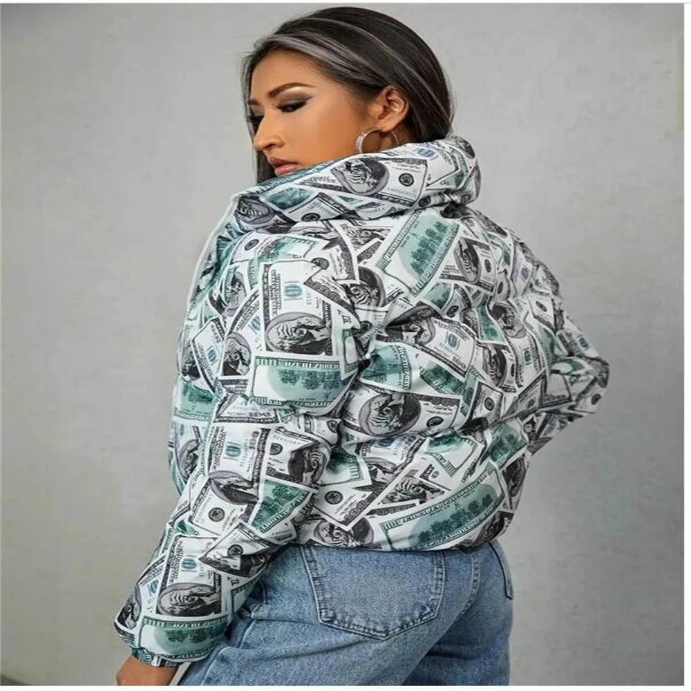 Down Coats Winter 2021 Europe-USA Style Women/Girl Stand Collar Dollar Printing Long Sleeve Casual Loose Warm Cotton-Padded Clothes maxi puffer coat womens