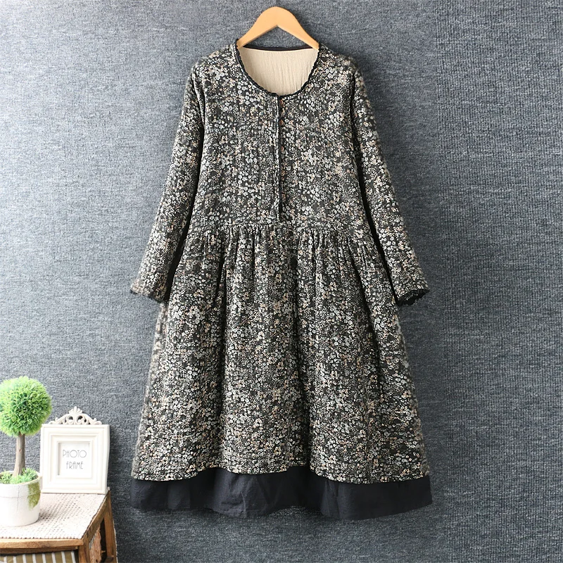 Autumn O-Neck Floral Print Thickened Female Dress Double Hem Long Sleeve Dress for Women Vestido Retro Mori Girl Dress Robe