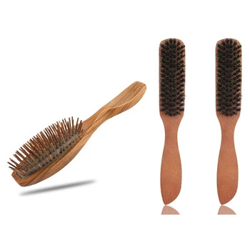 

2Pcs Boar Bristles Anti-Static Wooden Handle Hair Brush & 1pcs Sandalwood Hair Brush Wooden Natural Hair Comb
