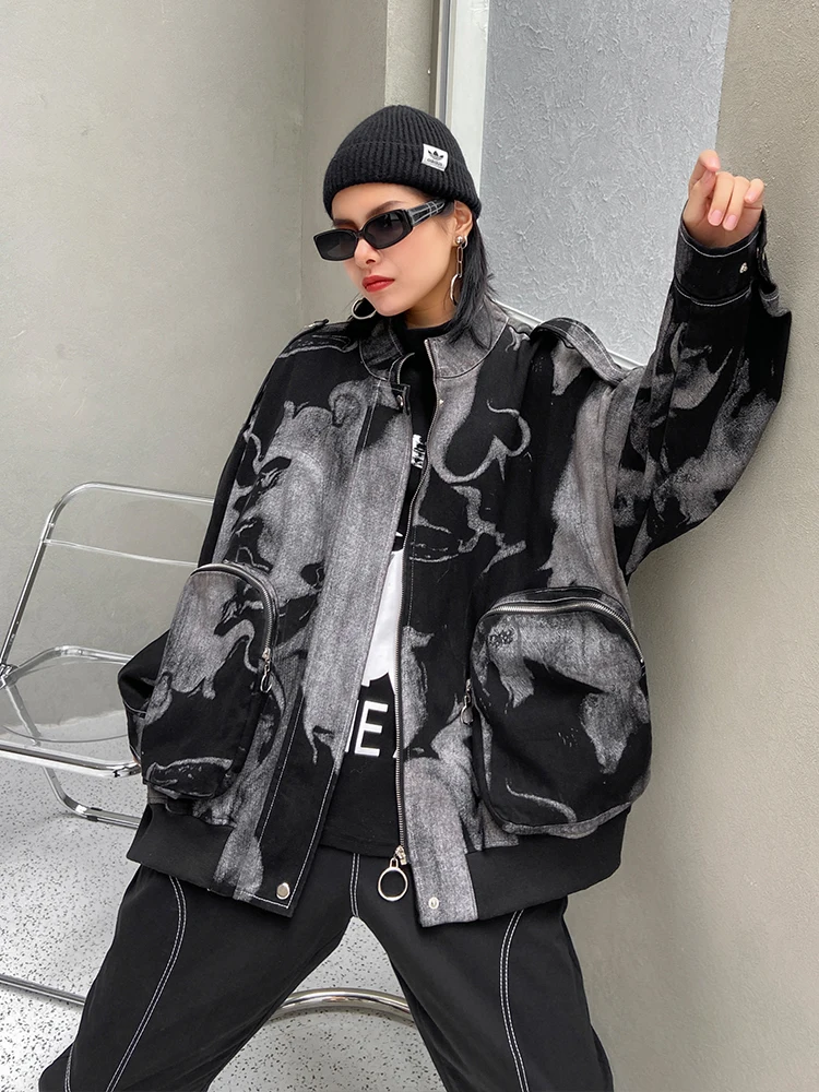 

Fashion Women Denim Jacket 2020 winter New short retro tie-dye baseball uniform Female ins Tide locomotive Woman Denim Jacket