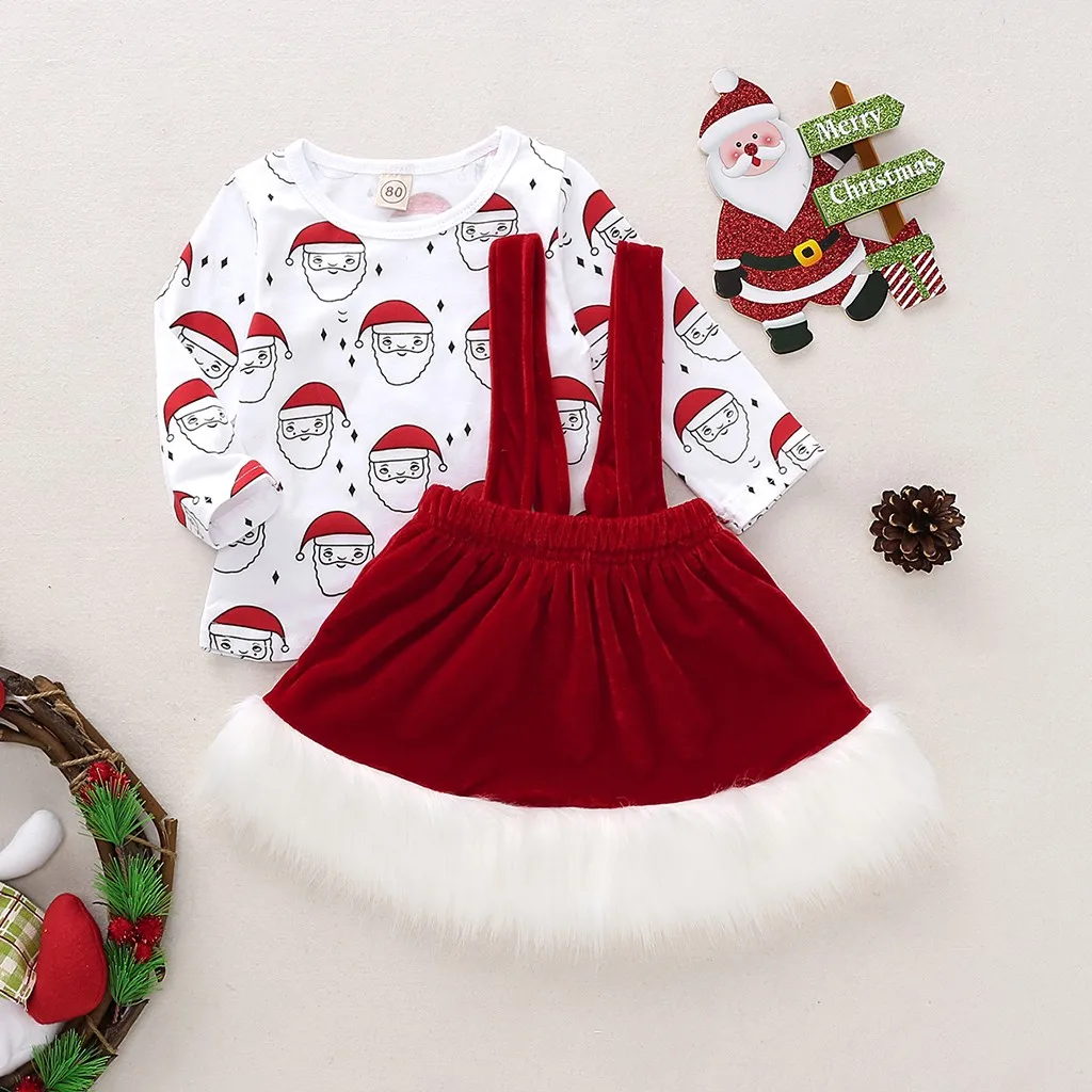 TELOTUNY, Рождественская Детская одежда для сна с Санта Клаусом для мальчиков и девочек Топы+ юбка на подтяжках, комплекты одежды новогодний костюм, одежда ZN07
