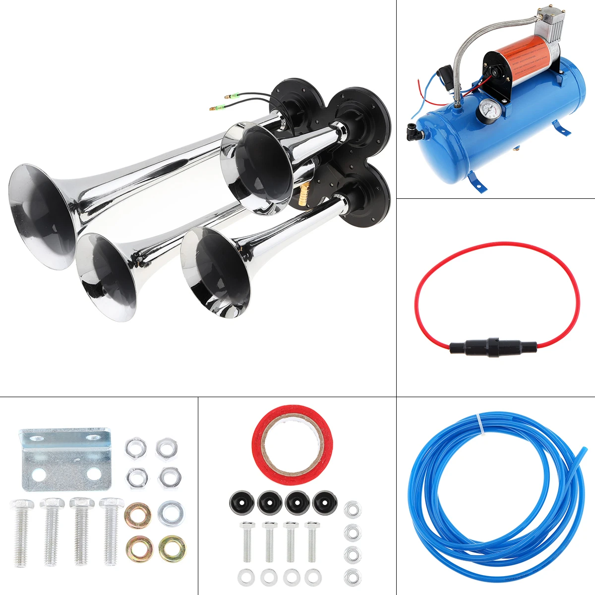 Super Loud 4 Trumpet Car Air Horn 150psi 12V 6L Mini Electric Air Horn Compressor Kit Blue Tank Gauge for Car Train Truck Boat