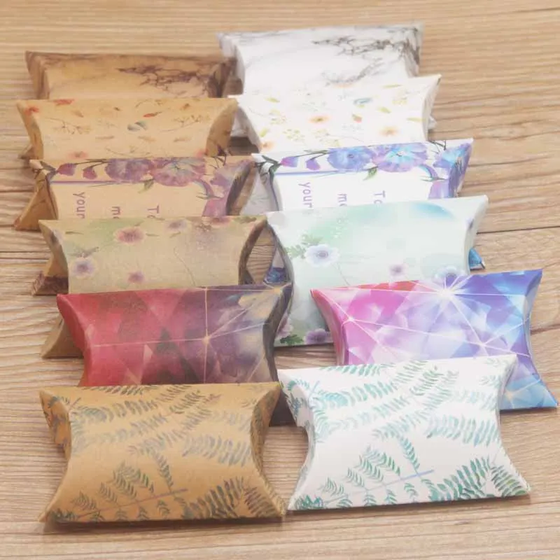 

50pcs/lot Cute Kraft Paper Gift Box Pillow Box various flower styles Wedding Party Event Favor box Marbel design gifts pack bags