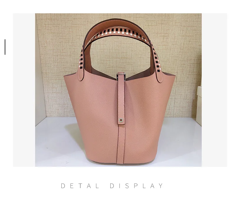 Leather Handbag Joker Color Matching Large Capacity Basket Package Cowhide Leather Bucket Litchi Grain Bucket Female Bag