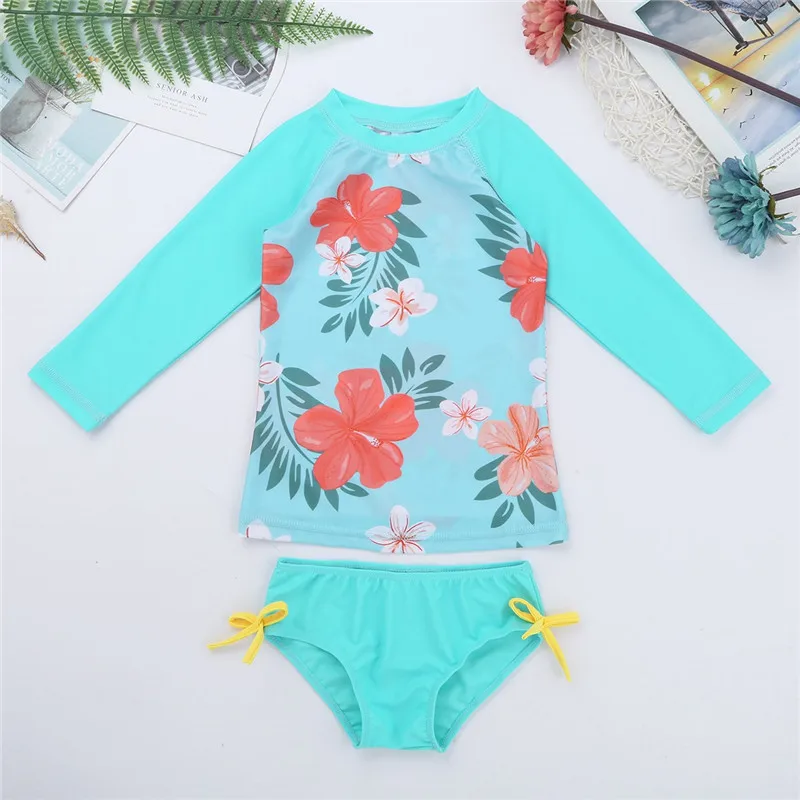 

Summer 2pcs Kids Girls Tankini Long Sleeves Swimwear Flower Printed Rashguard Swimsuit Set Swim Tops with Bottoms Swimming Suit