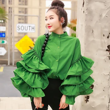 

Ruffles Women Shirt Casual Patchwork Stand Collar Lantern Long Sleeve Loose Blouse For Female Clothing 2020 Autumn