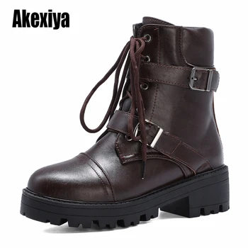

New Sexy Women Leather Autumn Boots Block Heel Gothic Black Punk Style Platform Shoes Female Footwear High Quality w007