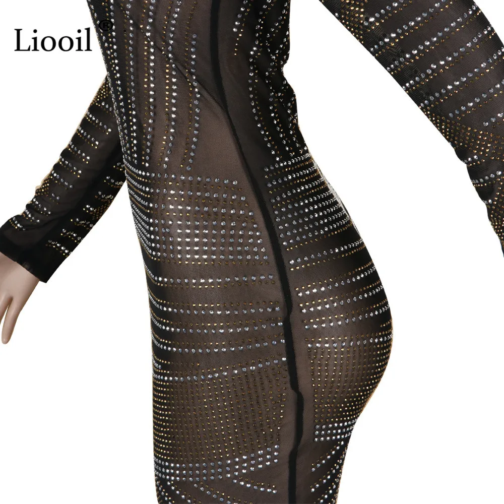 Liooil Rhinestone Mesh Bodycon Mini Dress Sexy Club Wear Long Sleeve O Neck See Through Black Tight Dresses Woman Party Night