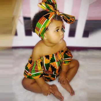 

Toddler lovely Baby clothes Комбинезон детский Baby onesie boy girl Romper African Print Off Shoulder Hair Band Clothes H4