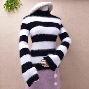 

mujer women striped fuzzy hairy slim mink cashmere turtleneck long falre sleeves angora rabbit fur pullover sweater jumpsuit