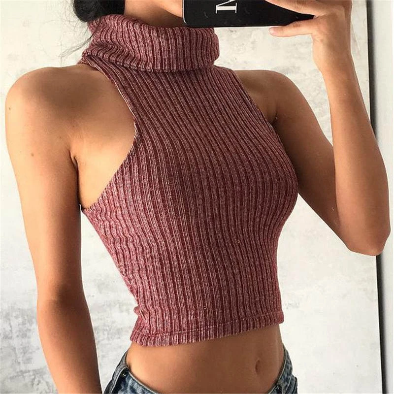 Свитер без рукавов укороченный сексуальный топ женский Camisetas Mujer уличная одежда с открытыми плечами с высоким воротником короткий вязаный жилет облегающий