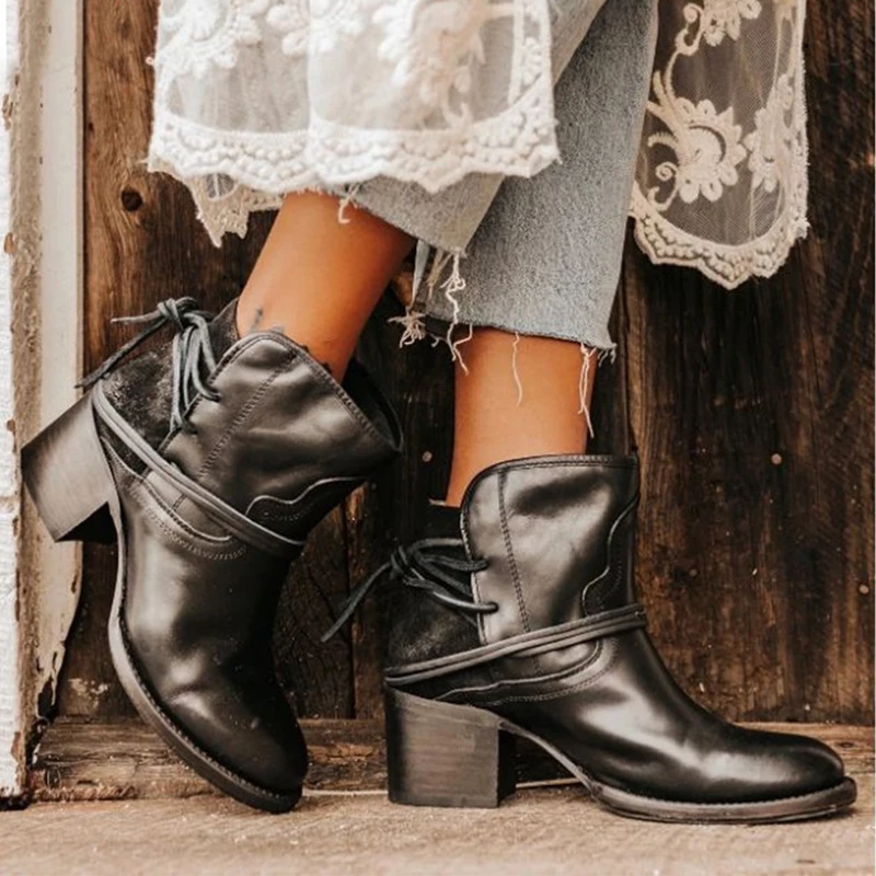 Ботильоны женские из мягкой кожи винтажные короткие ботинки на шнуровке