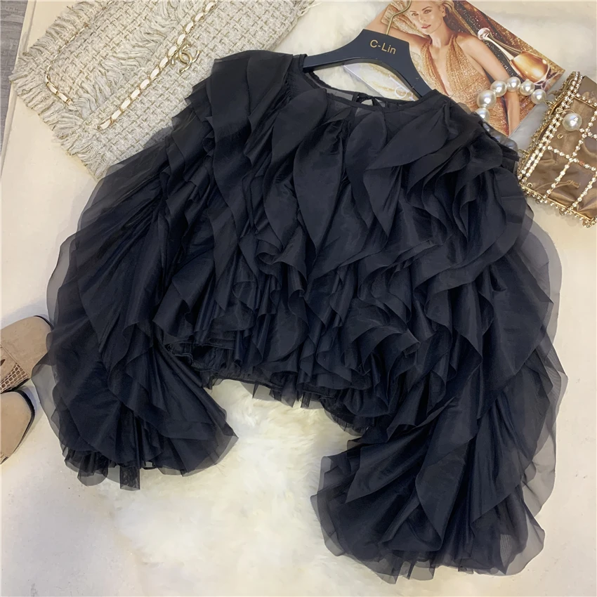 

2020 Spring Fashion Mesh Blouse Woman Ruffle Lace-up Bow Blouse Ladies Streetwear Top Lotus Blouses Blusa Feminina
