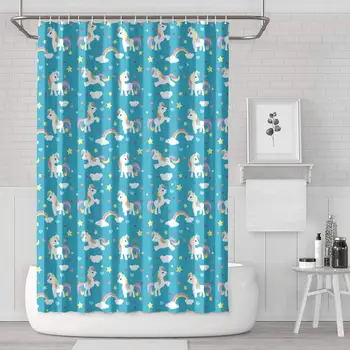 

Love Cute Unicorn in Starry Sky Blue Shower Curtain Bath Curtain Set Polyester Cloth Printed Pattern Soft Waterproof Space