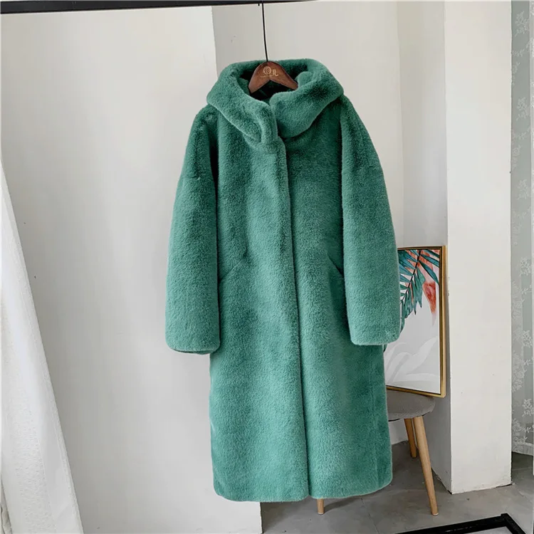Пуховое пальто из искусственного меха, утолщенное длинное Свободное пальто, легкая шапка, защита окружающей среды, кожа и мех YL116 - Цвет: pea green