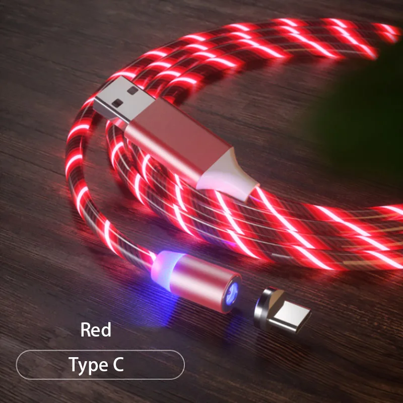 1 м Магнитный зарядный кабель для мобильного телефона usb type C поток светящийся провод для передачи данных для iPhone 11 Pro Samaung S9 светодиодный Micro Kable - Цвет: Red For Type C