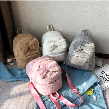 

2019 New Autumn Winter CANIS Brand Girl Baby Backpack Bow Flannel Zipper Scool bags Solid Travel Backpacks
