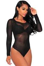 Women Sexy Long Sleeve Sheer Mesh Bodysuit Transparent Jumpsuit O-Neck Ladies Exotic Catsuit Elastic Rompers Nightwear Overalls