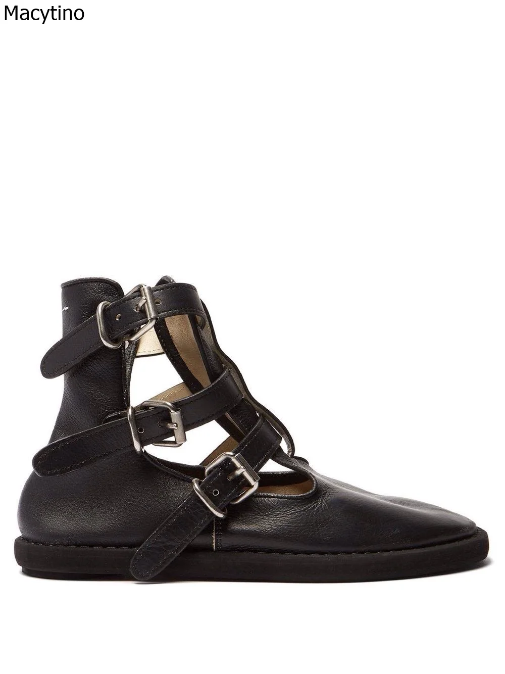 

Genuine Leather Flat Women Boots Pointed Toe Fall Buckle Gladiator Hole Sandals Soft Comfortable Flats Footwear Black White