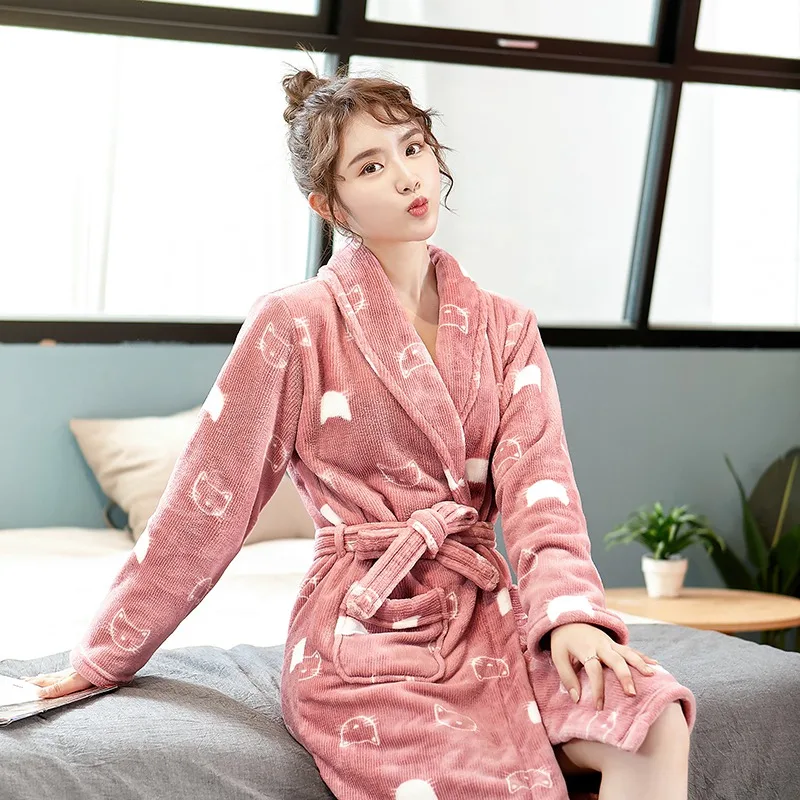 Зимние толстые теплые фланелевые кимоно халаты для женщин с длинным рукавом принт коралловый бархатный халат Домашняя одежда Сексуальный банный Халат - Цвет: 55103