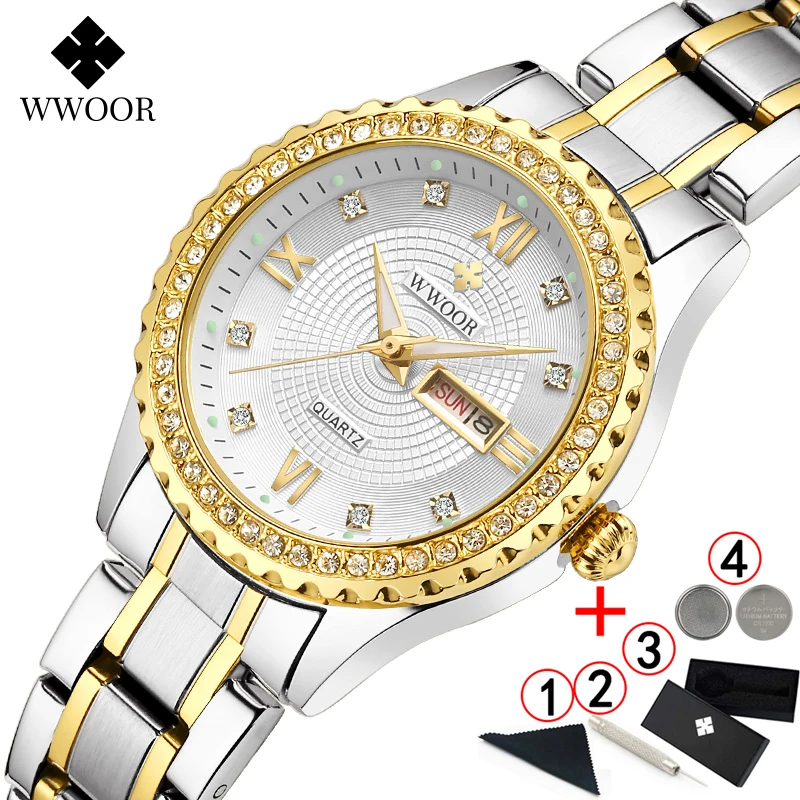 

2019 WWOOR New Gold Women Bracelet Watches Waterproof Ladies Watch Stainless Steel Casual Dress Woman Quartz Watches Women 2019