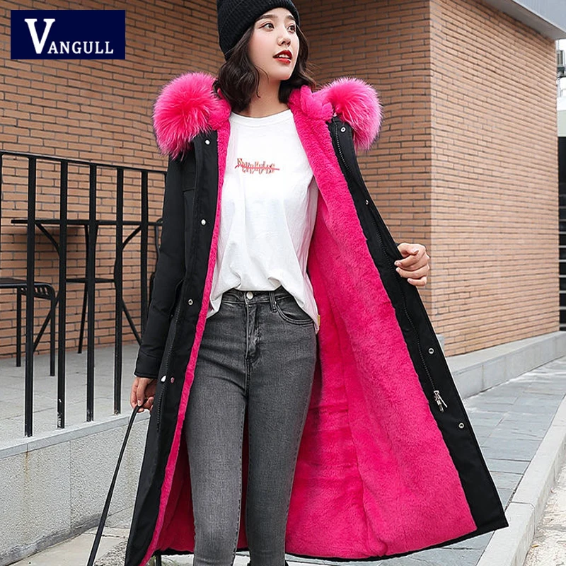 

Vangull Winter Snow Wear Long Parkas Jacket Fur Collar Hooded Women Parkas Fur Lining Thick Women Coat Zipper Plus Size Outwear