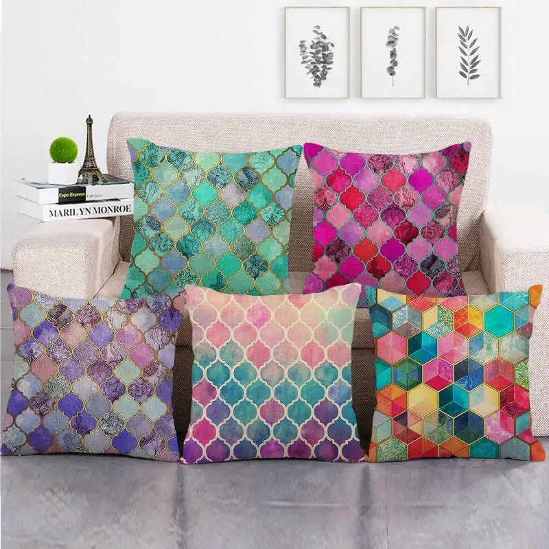 Colorful Geometry Linen Cushion Cover for Sofa Couch Chair Decorative Pillowcase Home Living Room Decor Accessories 45x45cm