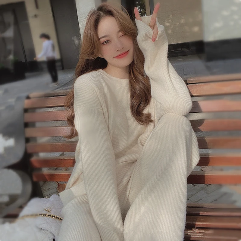 Two Piece Set Pullover Sweater Tracksuit Women High Waist Knit Straight Pants Suit Spring Clothes