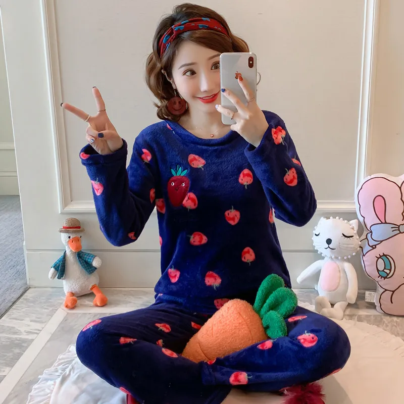 R B landatoucaomei winter pyjamas Women Warm Flannel Pajama Set Thicken Girl Print pijama Long Sleeve Coral fleece Sleepwear Suit Women Nightshirt - Цвет: R B landatoucaomei