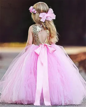 

Girls Pageant Gowns 2020 Flower Girl Dresses Sequins Tulle A-Line Floor Length First Communion Gowns Birthday Party Dresses