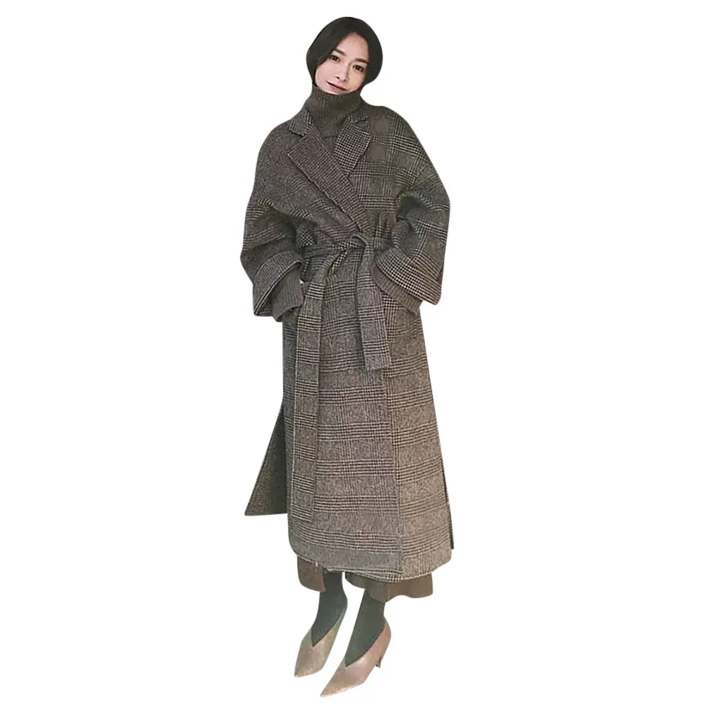CHAMSGEND зимнее теплое шерстяное пальто женское корейское длинное шерстяное пальто оверсайз женское повседневное клетчатое ветрозащитное пальто Верхняя одежда