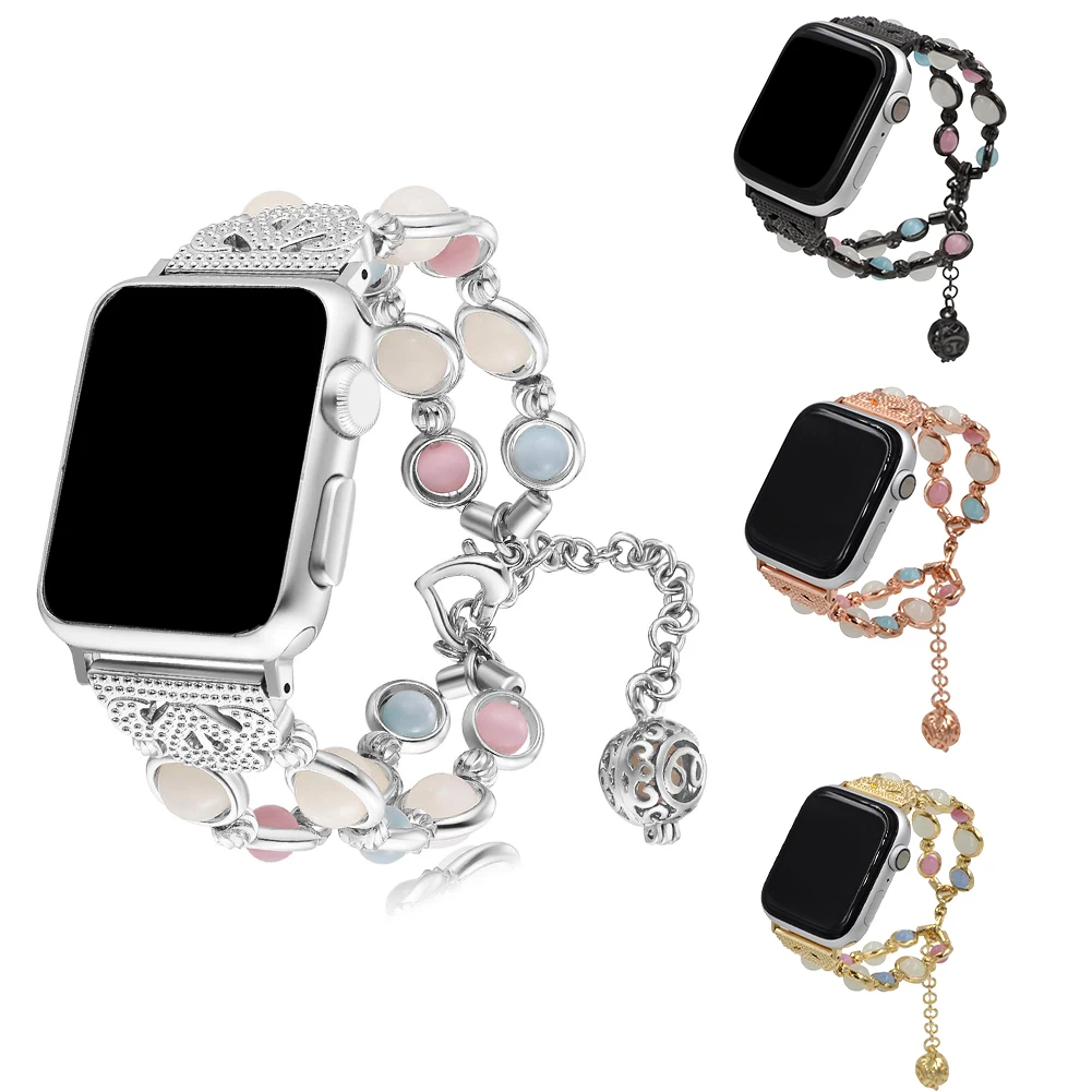 

Watch Compatible for Apple Watch Band Women Girl Handmade Night Luminous Pearl with Bracelet Elastic Bead for iWatch Series
