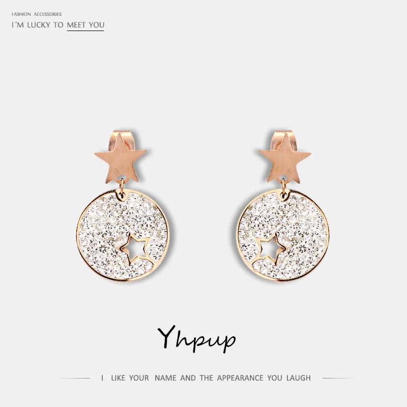 Yhpup, корейские, полые, звезда, нержавеющая сталь, блестящие, стразы, свисающие серьги, розовое золото, Круглые, массивные серьги, ювелирное изделие для женщин