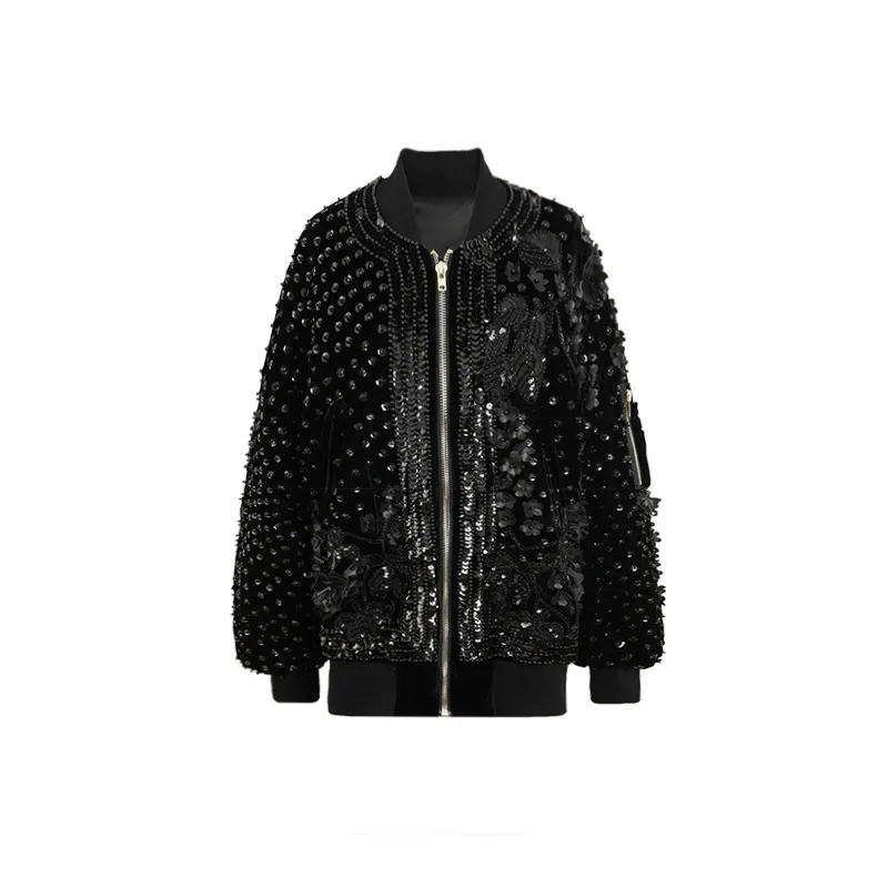 

Clothes Woman Nail Pearl Embroidered Velvet Cotton Short Loose Coat Thickening