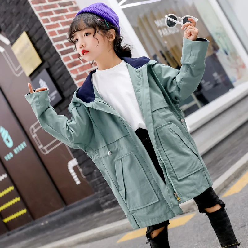 

Girls Autumn Trench Coat 2019 New Style Fashion Spring And Autumn Western Style Hooded Mixed Colors Mid-length Loose-Fit Trench
