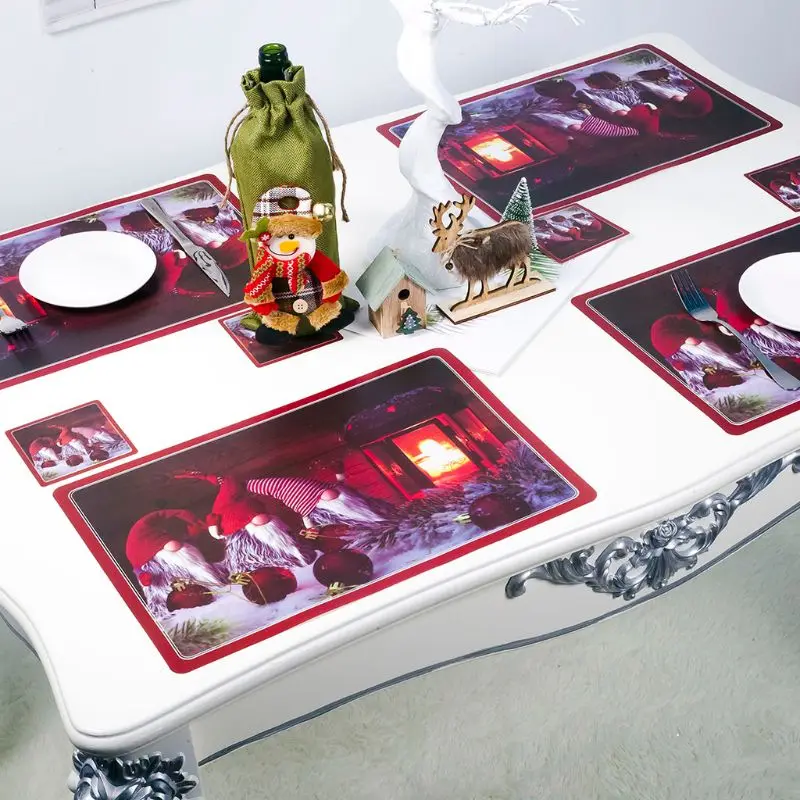 

6pcs Placemats + 6pcs Cup Coaster Placemat Christmas Gnome PVC Pad Table Coaster Party Supplies Dinner Tableware Decor X4YD