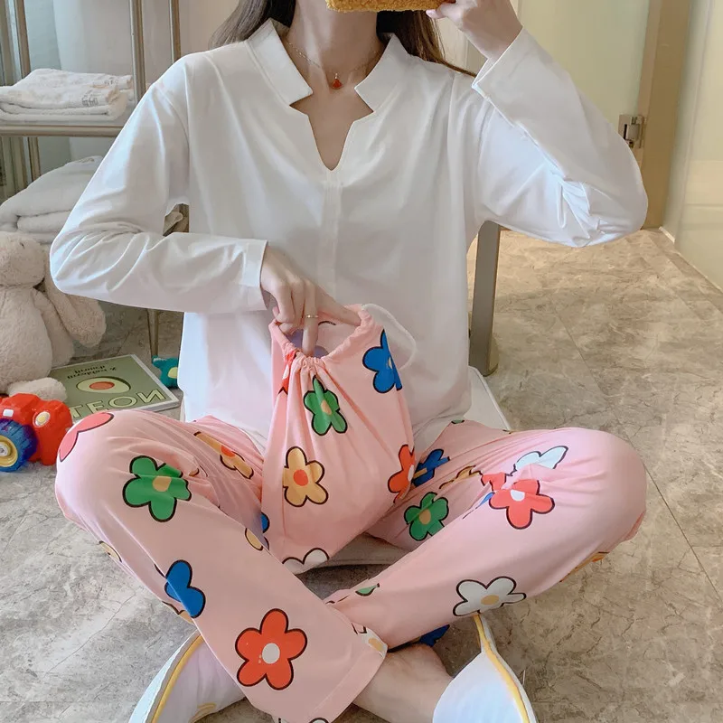 

Pajamas Women's Spring And Autumn Long Sleeve Korean-style Students Cute Qing Guangya Small Fold-down Collar Two-Piece Set Sweet